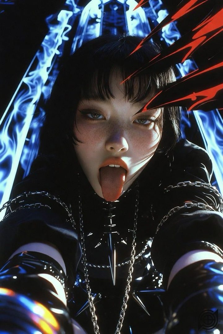 A young woman with black hair and bangs, sticking her tongue out, wearing a black outfit with chains and spikes, with blue and red abstract elements in the background.