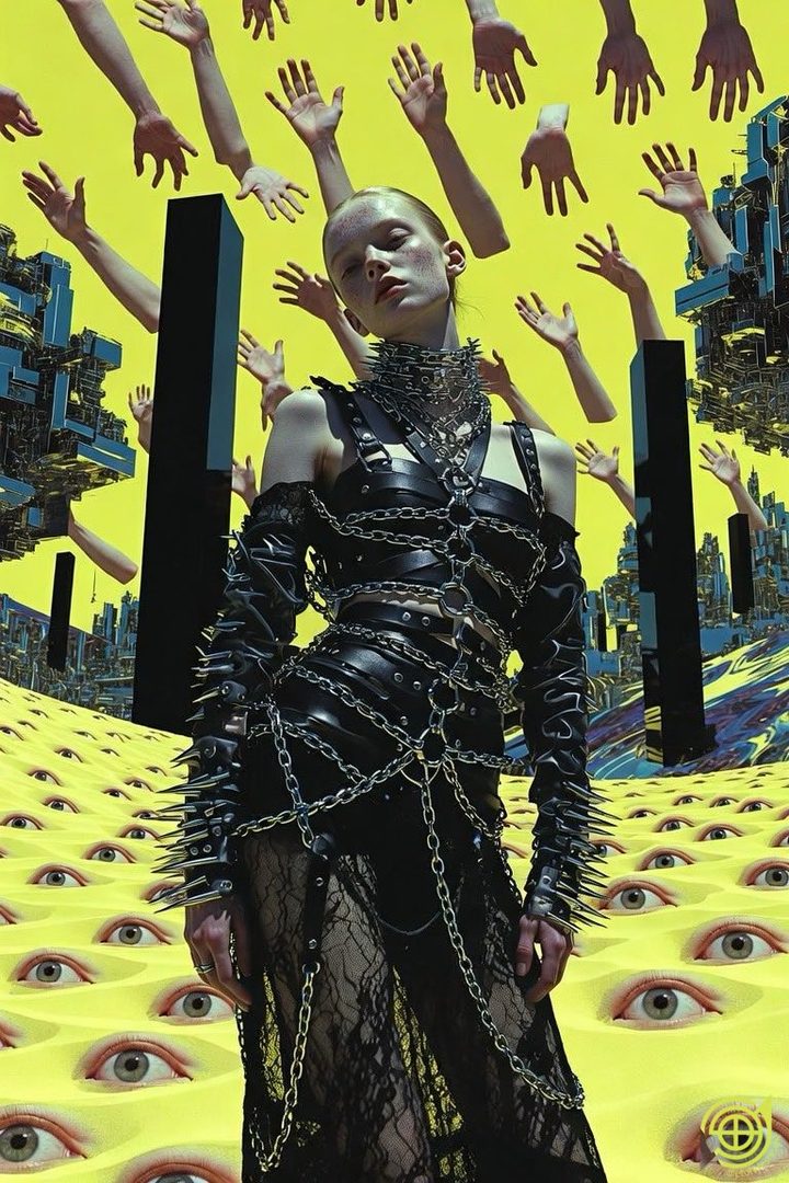 A woman in a black leather outfit with chains and spikes stands against a surreal background of floating hands and eyes.