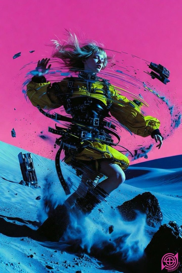 A woman in a yellow outfit with black straps and buckles, running through a desert landscape with a pink sky.