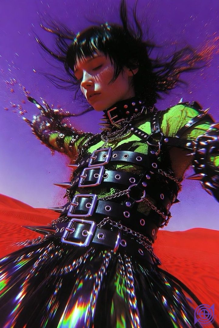 A person with black hair and bangs, wearing a green top and a black spiked harness with buckles, posing outdoors in a desert landscape with a purple sky.