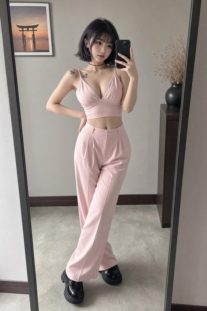 A young East Asian woman with a short bob haircut takes a mirror selfie in a minimalist room, wearing a pink crop top and wide-leg trousers.