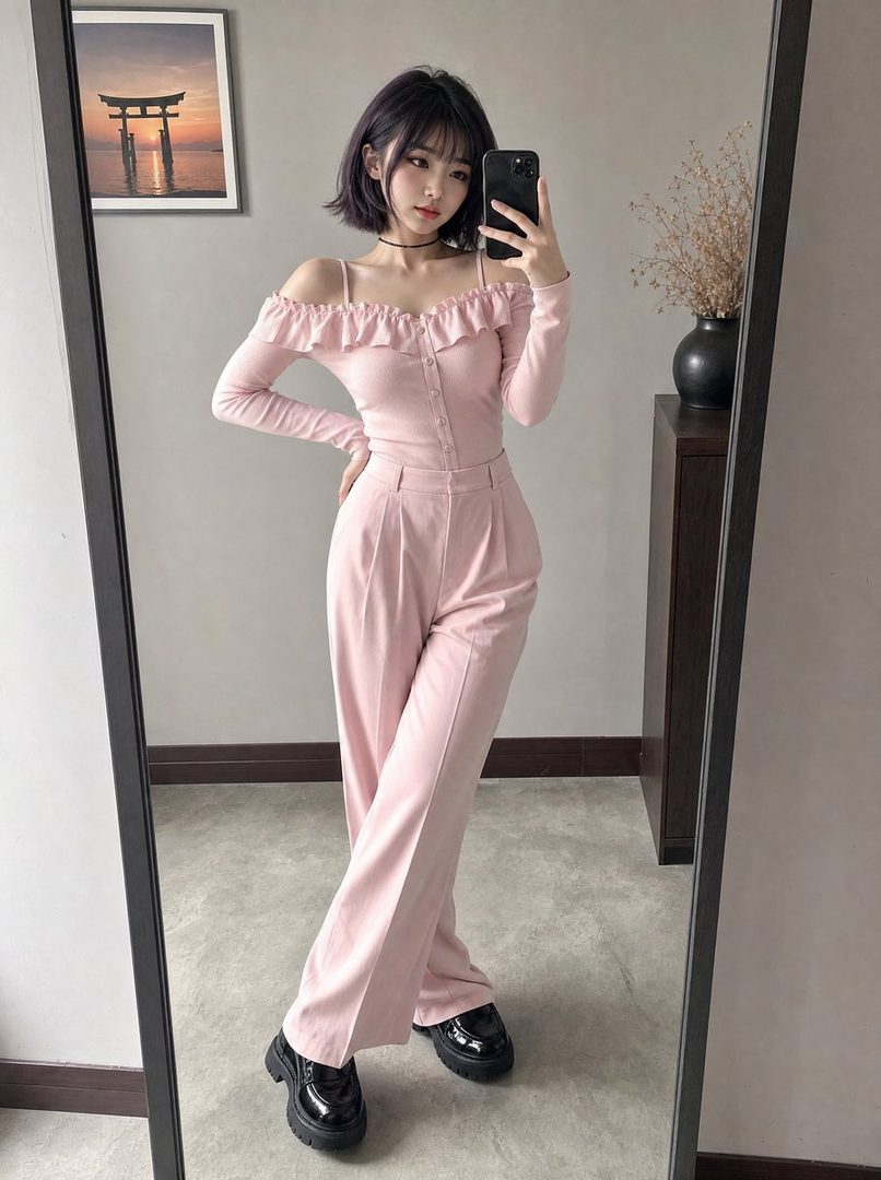 A young East Asian woman with a short bob haircut takes a mirror selfie in a minimalist room, wearing a pink off-the-shoulder top and wide-leg pants.