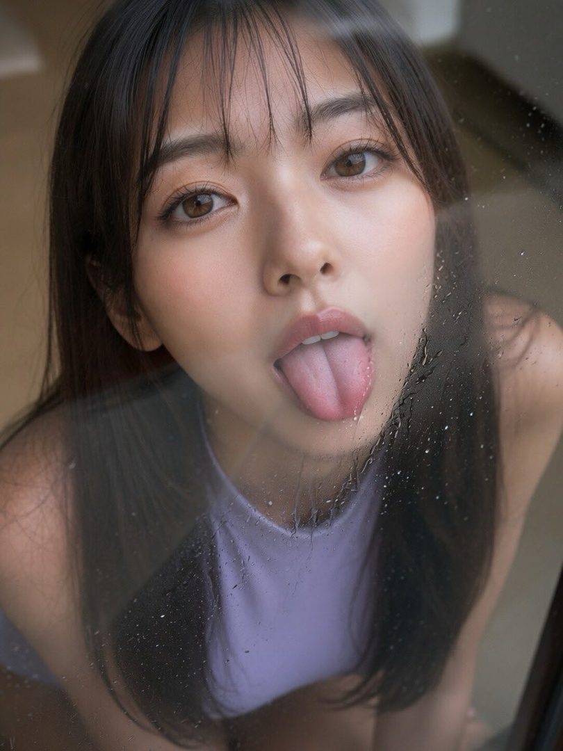 A young woman with long dark hair sticks her tongue out playfully, viewed through a wet window.