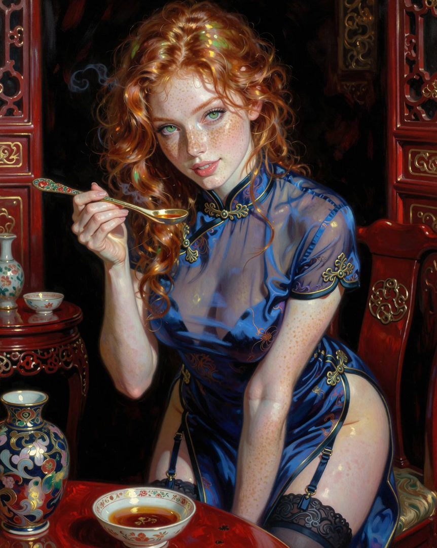 A young woman with vibrant red curly hair and green eyes, wearing a sheer blue cheongsam dress, sits at a table with a bowl of soup and a spoon, looking playfully at the camera.