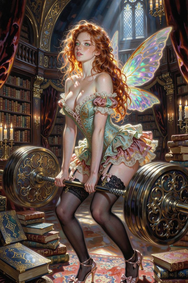 A photorealistic portrait of a fairy with long red hair and green eyes, wearing a revealing corset and stockings, lifting a barbell in a library setting.