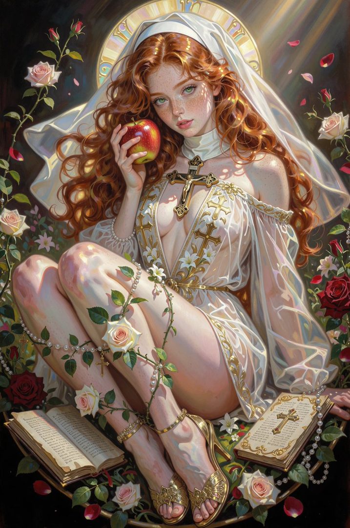 A beautiful AI-generated portrait of a young woman with long, curly red hair, wearing a sheer white dress adorned with gold crosses and pearls, holding an apple, surrounded by roses and religious books.