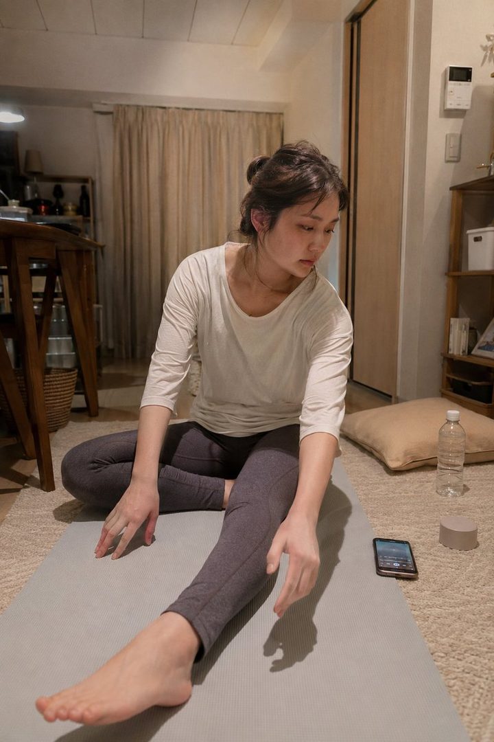 A young woman with her hair in a messy bun is stretching on a yoga mat in a cozy living room, wearing a light-colored long-sleeve shirt and dark leggings.