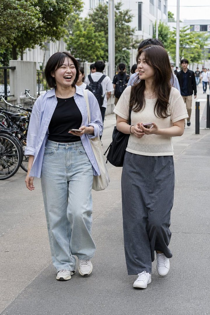 Two young Asian women are walking and smiling on a city street during the day, one with short black hair wearing a blue shirt and jeans, and the other with long wavy hair wearing a cream top and a dark skirt.