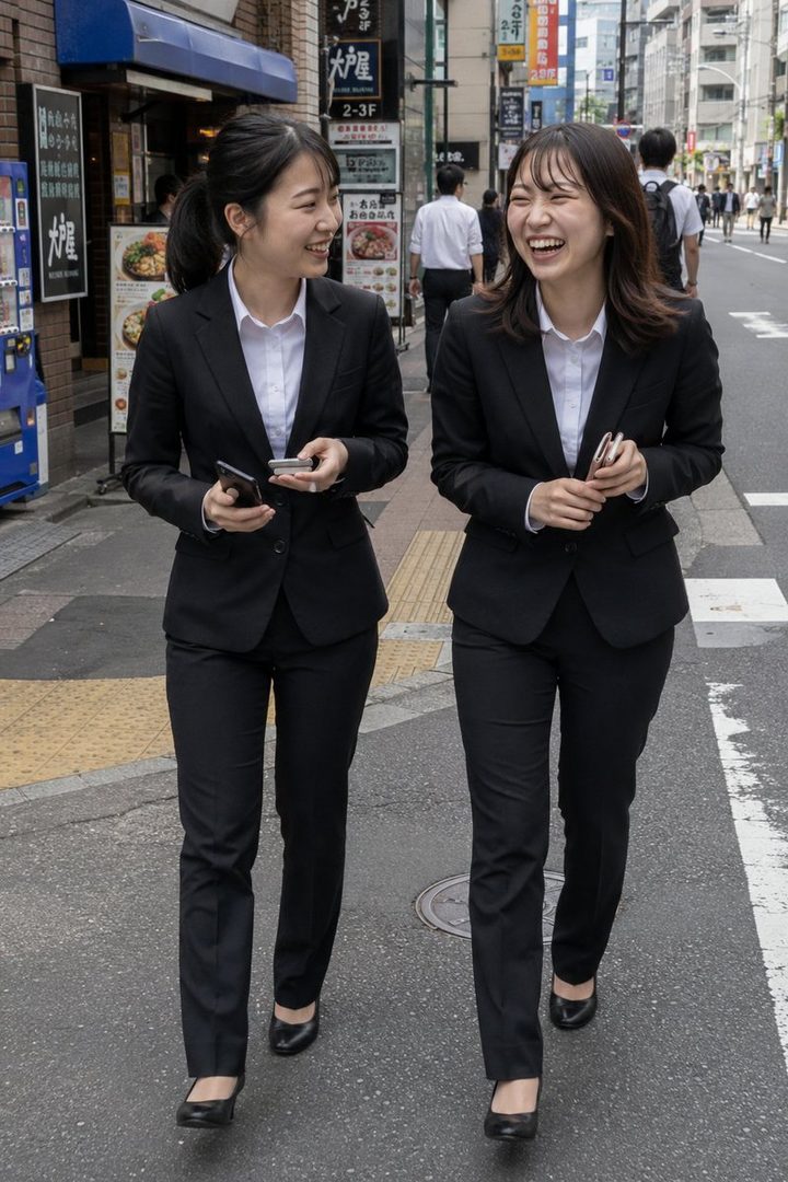 Two young women in black business suits are walking and laughing on a city street during the day.