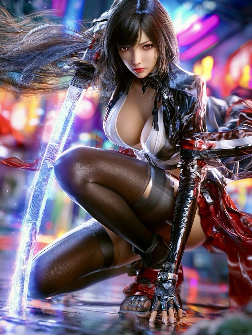 A photorealistic AI-generated portrait of a woman with long black hair, red eyes, wearing a white top and black outfit, holding a glowing sword, in a city at night.