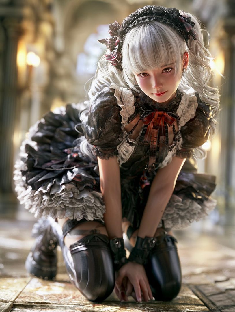 A photorealistic AI-generated portrait of a young woman with silver hair in a gothic lolita dress, kneeling indoors.