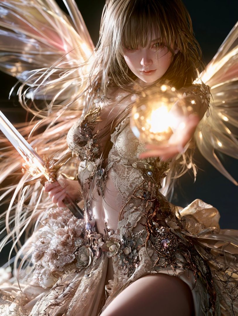 A beautiful AI-generated woman with long blonde hair, wearing an ornate, revealing dress and holding a glowing orb and a sword, with large, ethereal wings.