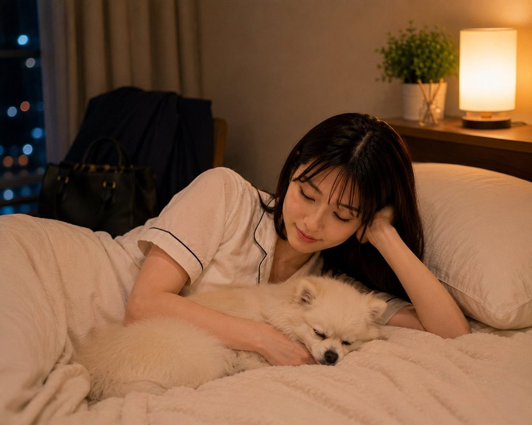 A young woman in pajamas lies in bed with her dog, looking relaxed.