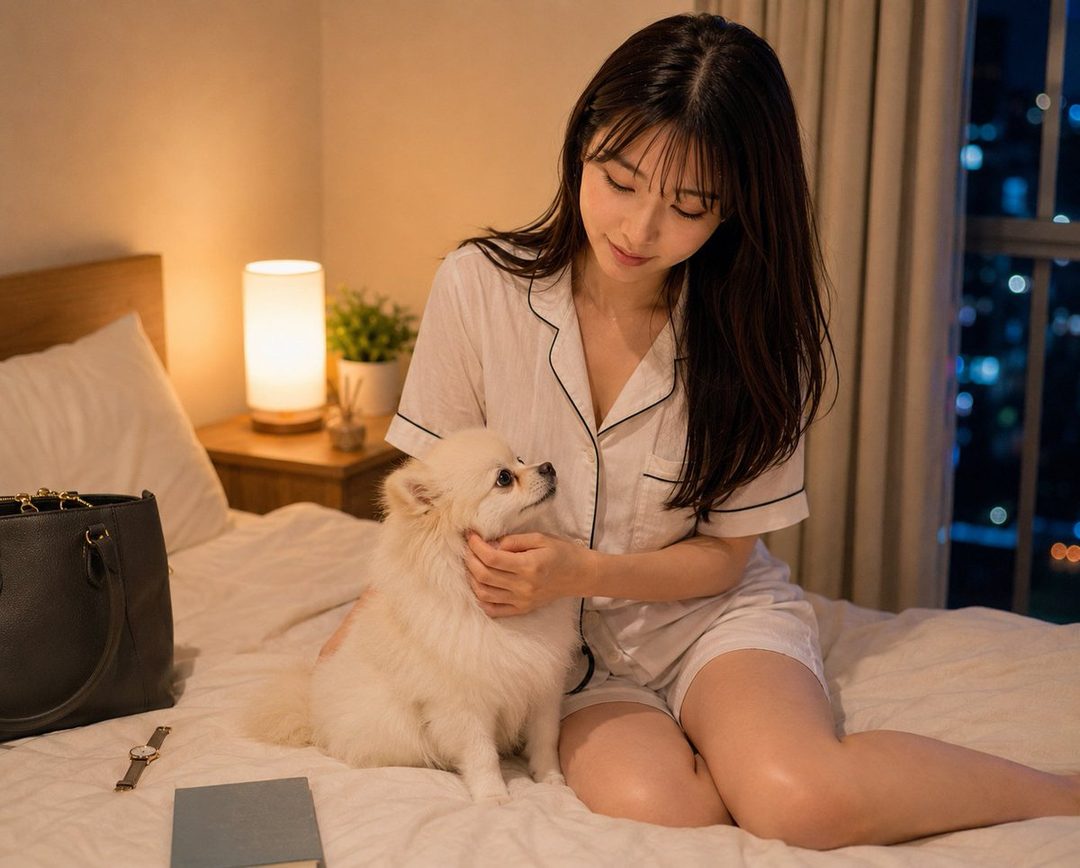 A young woman in pajamas sits on a bed with her Pomeranian dog, looking down at it affectionately. The room is dimly lit with a bedside lamp and city lights visible through the window.