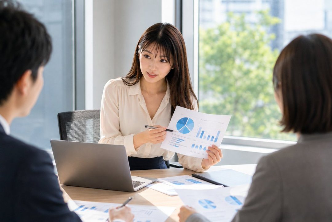 A woman in a white blouse presents a pie chart and bar graph to two colleagues in an office meeting.