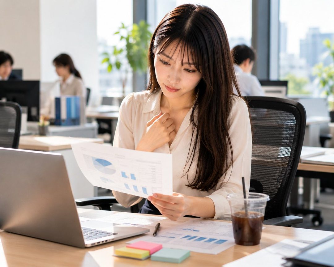 A young East Asian woman in an office setting, reviewing documents at her desk with a laptop and a drink.