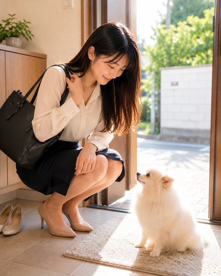A young East Asian woman in business attire crouches down to greet her fluffy white dog by the front door.