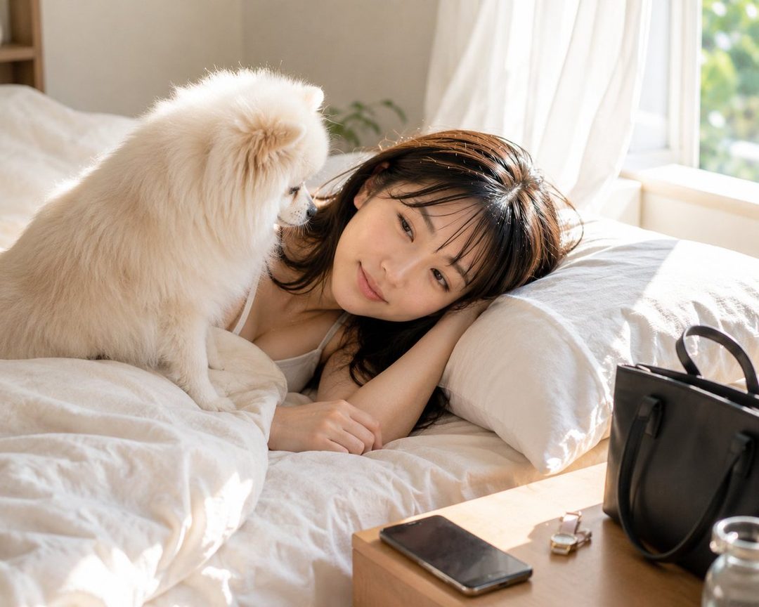 A young woman with long dark hair lies in bed with a fluffy white dog, bathed in soft morning light.