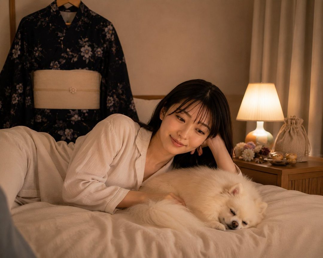 A young woman with long black hair smiles gently as she lies on a bed with her pet dog sleeping beside her. A traditional Japanese yukata hangs in the background.