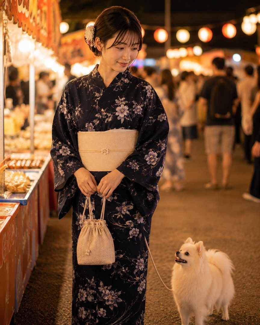 A young Japanese woman in a dark blue yukata with a floral pattern, holding a small bag, walks with her white Pomeranian dog at a night festival.