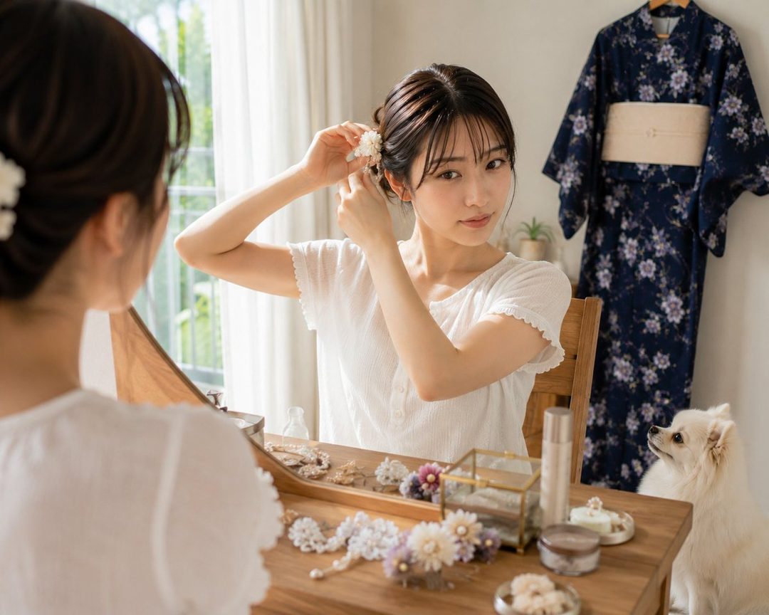 A young East Asian woman with dark hair styled up is getting ready in front of a mirror, with a yukata hanging in the background and a small white dog nearby.
