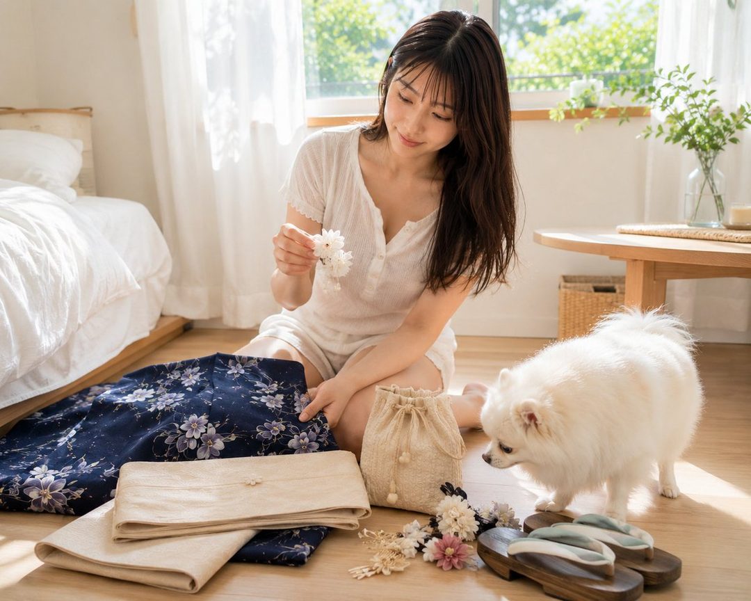 A young East Asian woman with long dark hair sits on the floor in a bright room, holding white flowers and looking at traditional Japanese clothing laid out beside her. A small white dog is nearby.