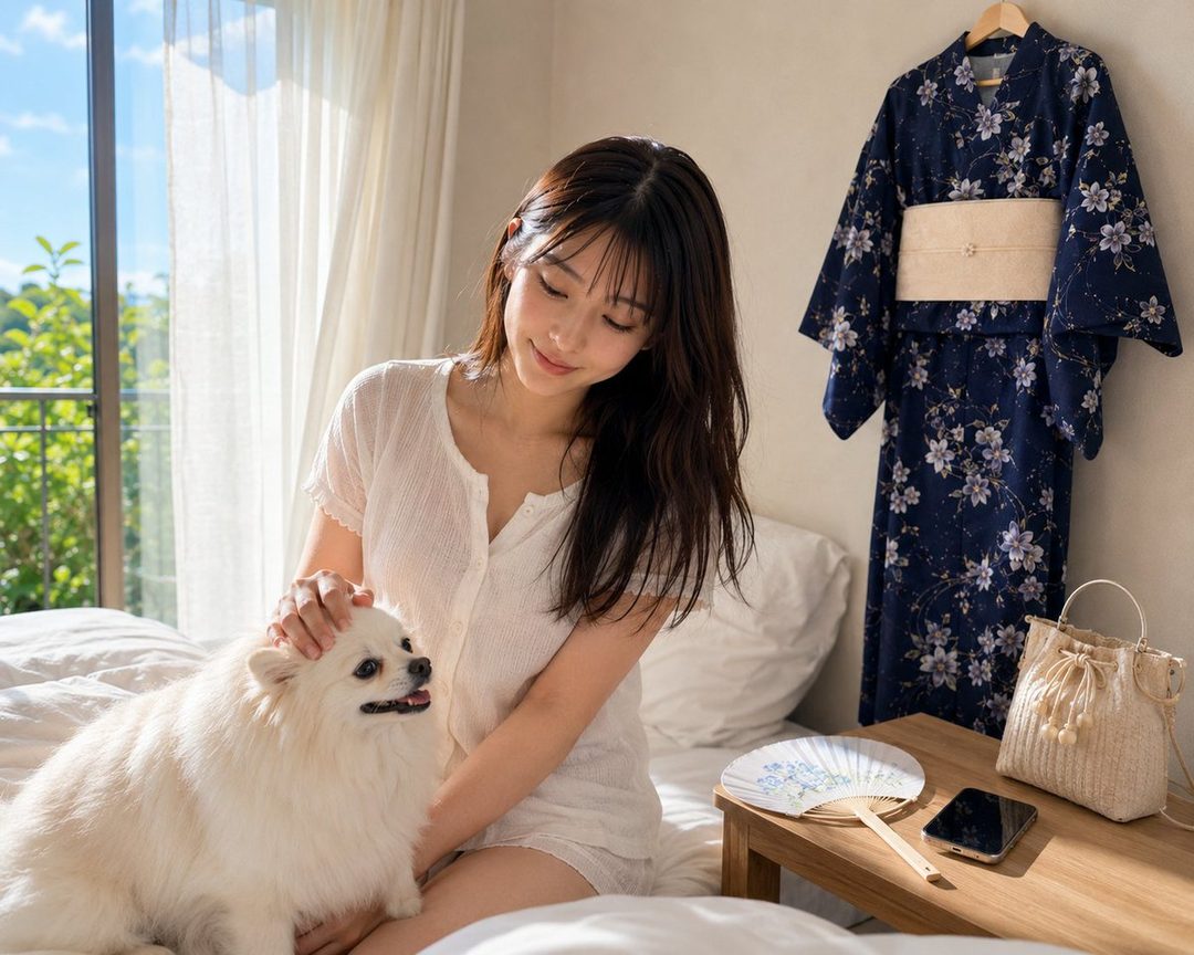 A young woman with long dark hair sits on a bed, petting a white Pomeranian dog. A dark blue yukata with floral patterns hangs on the wall behind her.
