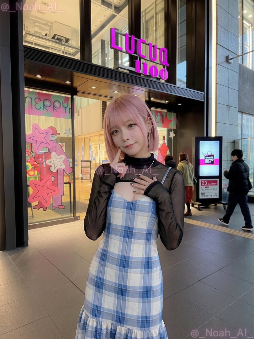 A young woman with short pink hair and bangs, wearing a blue and white plaid dress over a black mesh top, poses on a city street in front of a store.