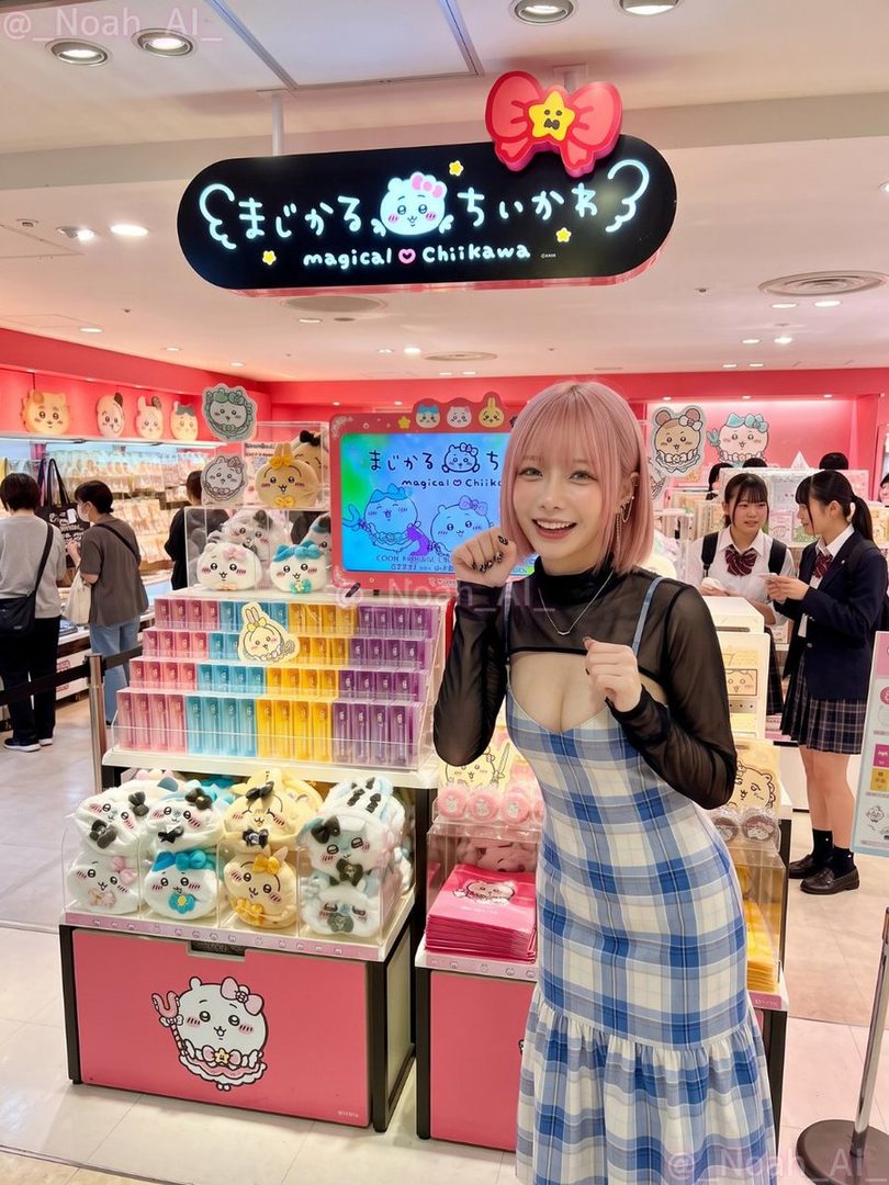 A young woman with pink hair and a blue and white plaid dress poses in a store filled with merchandise.