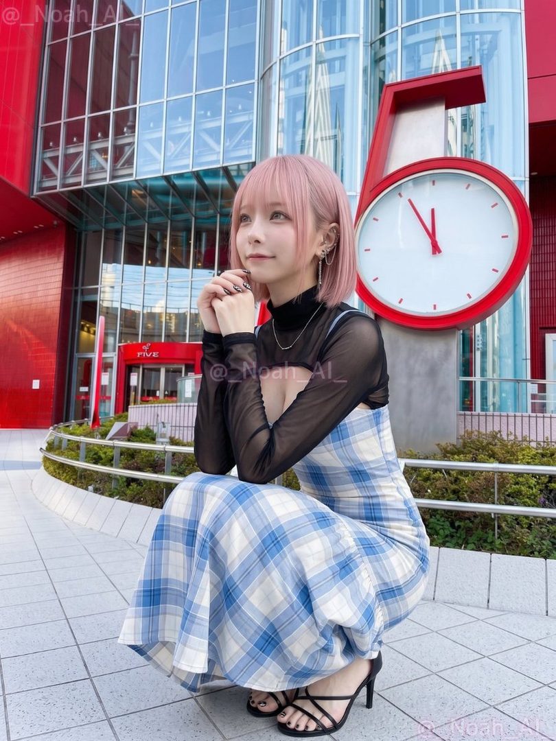 A young woman with short pink hair, wearing a blue and white plaid dress over a sheer black top, poses outdoors in front of a modern building with a large clock.