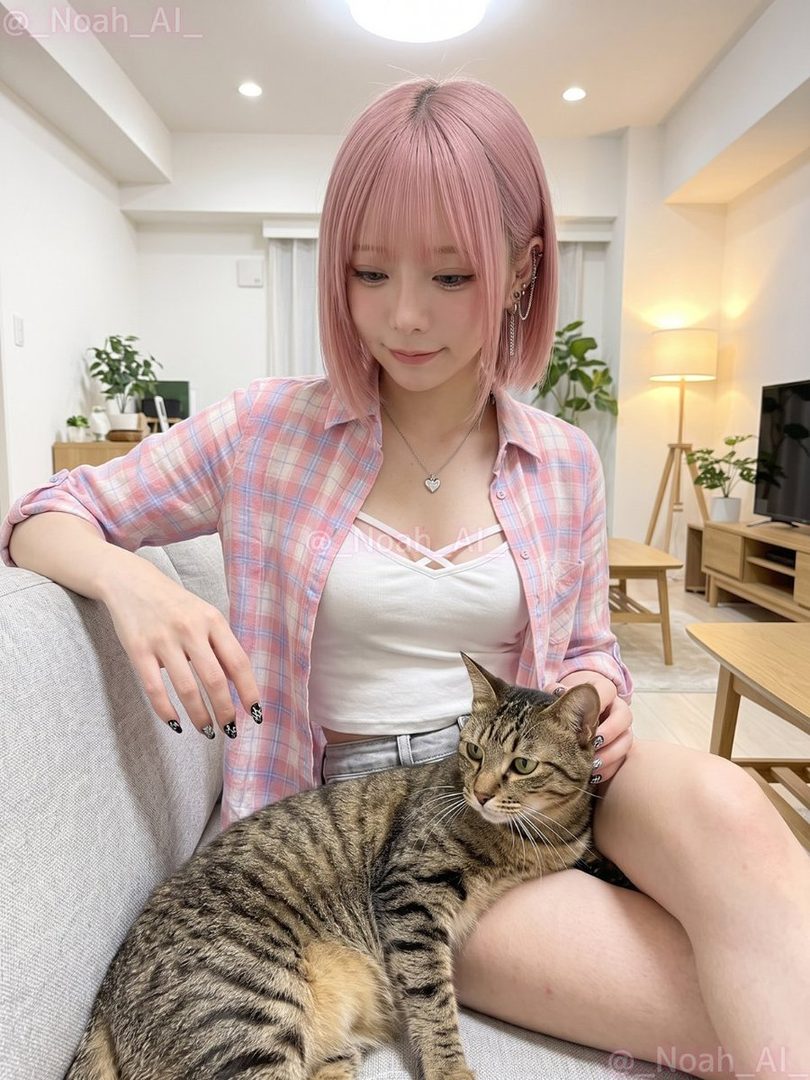 A young woman with short pink hair and a plaid shirt sits on a couch with a tabby cat on her lap.