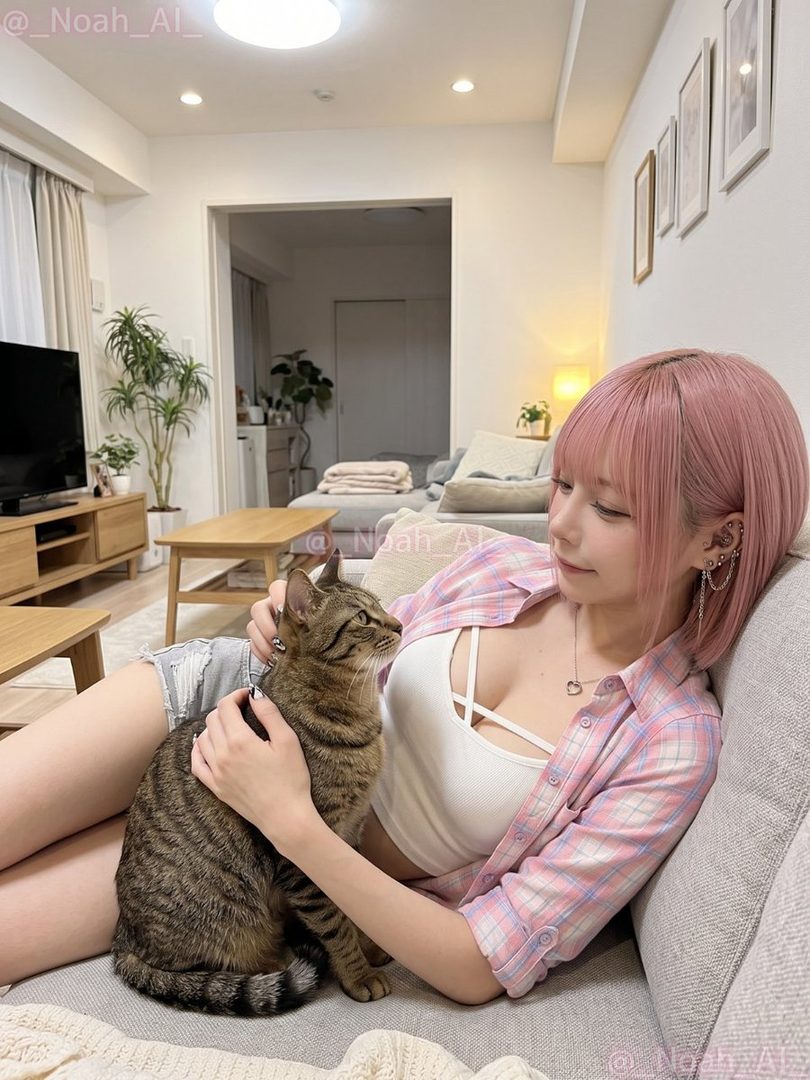 A young woman with pink hair and a plaid shirt over a white tank top, cuddling a tabby cat on a sofa indoors.