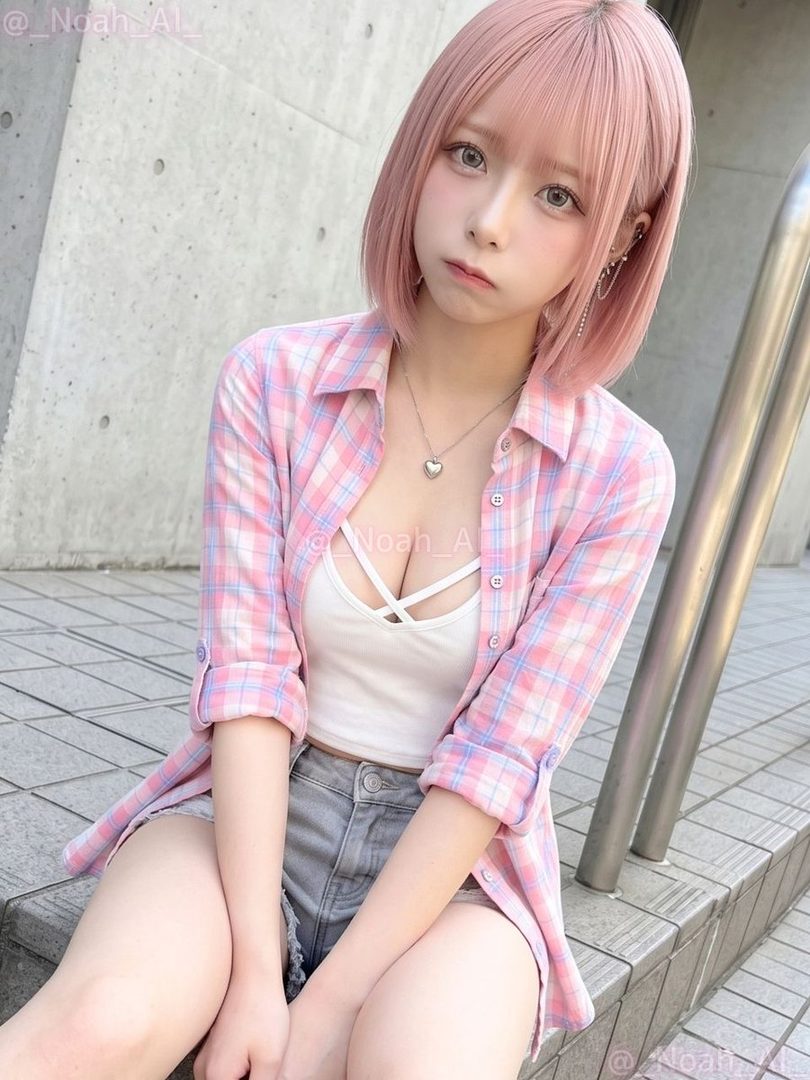 A young Japanese woman with short pink hair and a pink plaid shirt over a white tank top sits outdoors, looking at the camera.