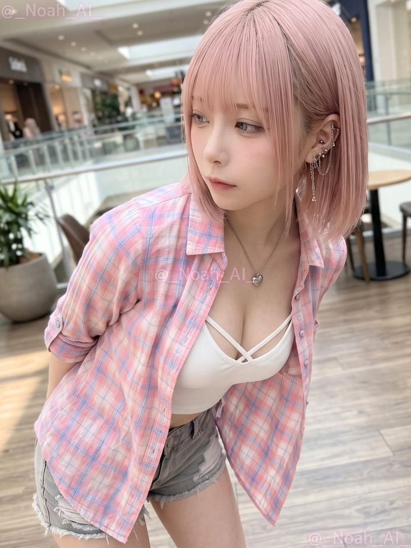 A young woman with pink hair and a pink plaid shirt over a white top, wearing denim shorts, poses indoors.