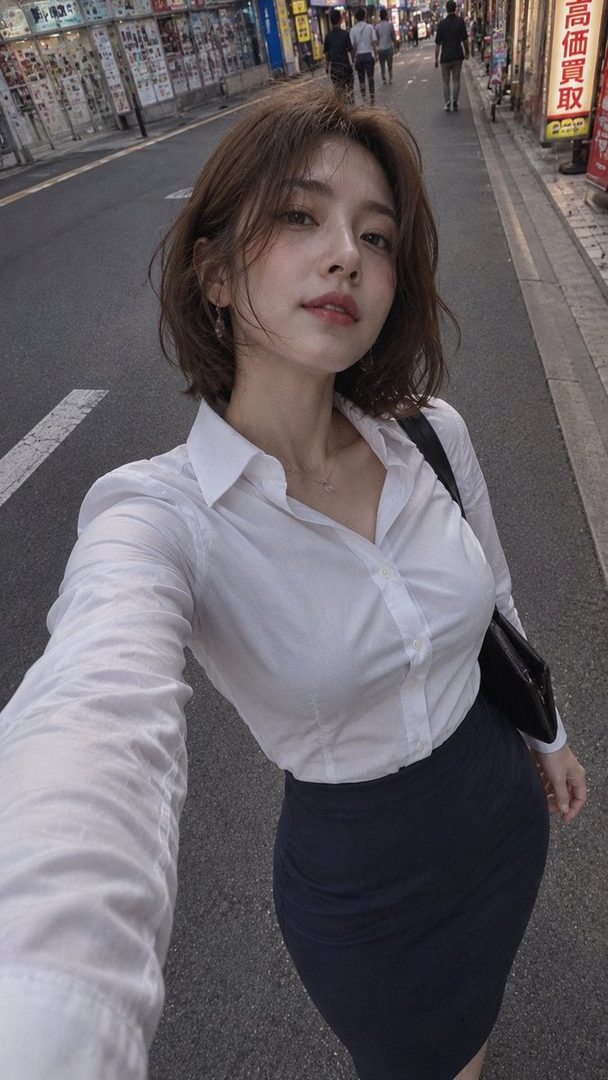 A young East Asian woman in a white blouse and dark skirt takes a selfie on a city street.
