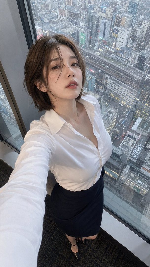 A young East Asian woman with short brown hair takes a selfie in an office setting, wearing a white blouse and a dark skirt, with a city skyline visible through the window.