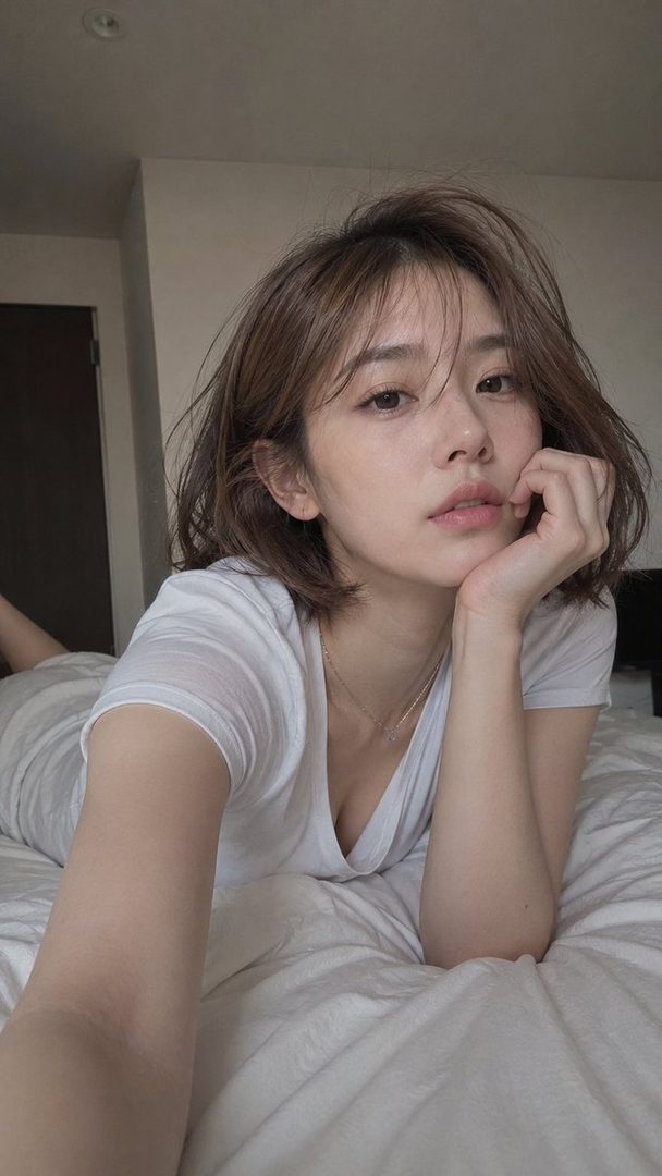A young woman with short brown hair lies on a bed, resting her chin on her hand, wearing a white t-shirt.