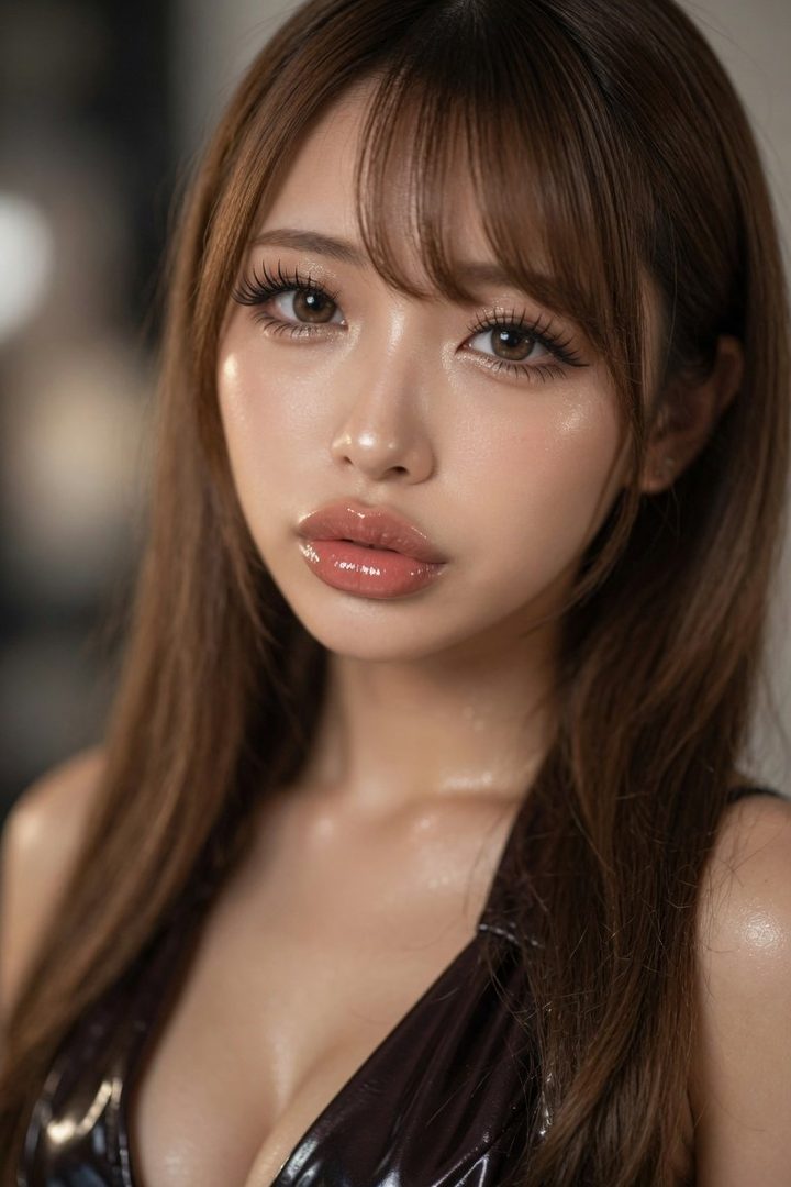 Close-up portrait of a beautiful East Asian woman with long brown hair, heavy makeup, and glossy lips, wearing a dark, shiny outfit.
