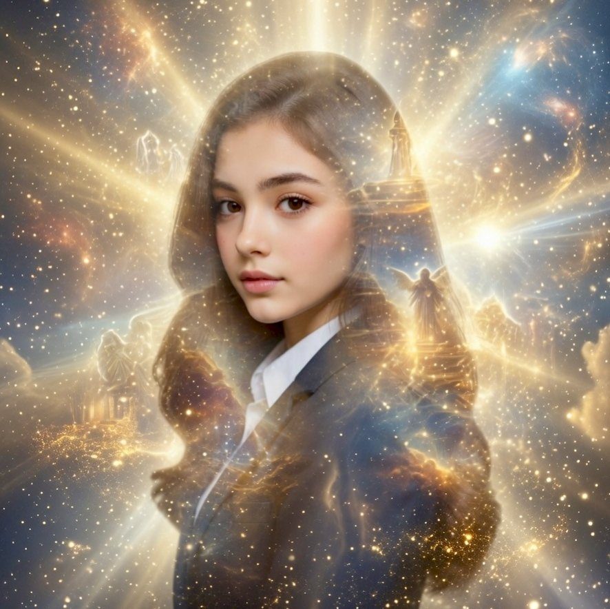 A young woman with long brown hair, wearing a suit jacket over a white shirt, superimposed against a cosmic background with celestial beings and starry nebulae.