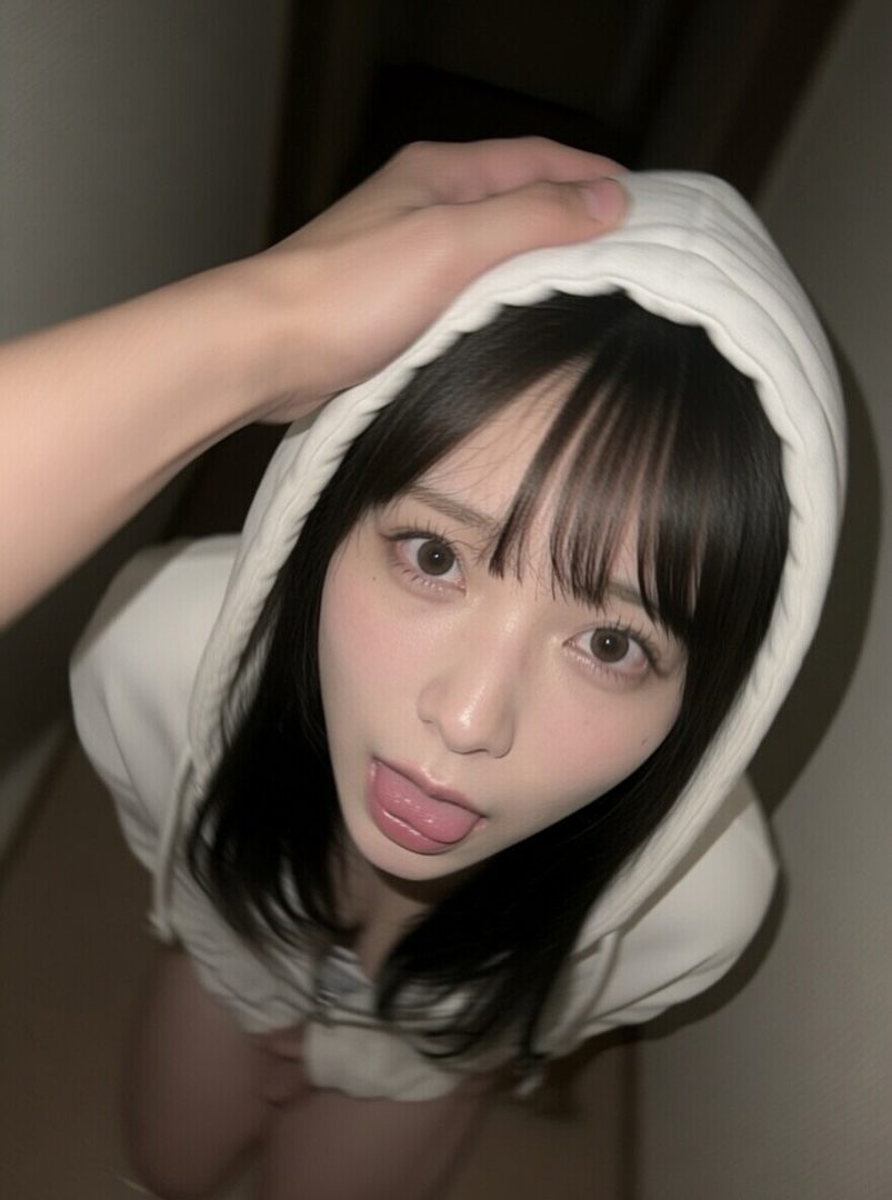 A young woman with black hair and bangs, wearing a white hoodie, sticks her tongue out playfully while looking up at the camera. A hand is gently patting her head.