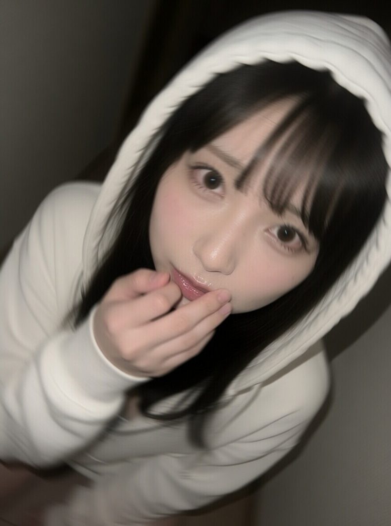 A young woman with long black hair and bangs, wearing a white hoodie, poses for a selfie indoors with a playful expression.