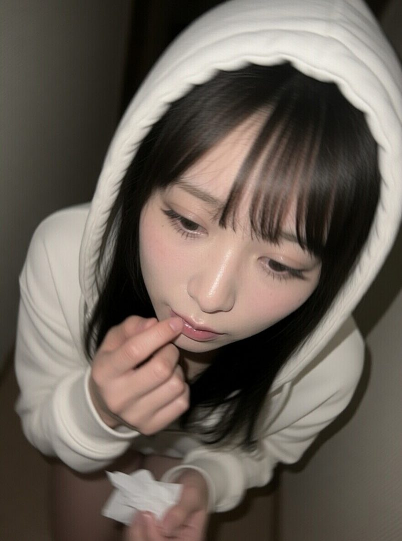 A young woman with black hair, wearing a white hoodie, looks down with her finger touching her lips.