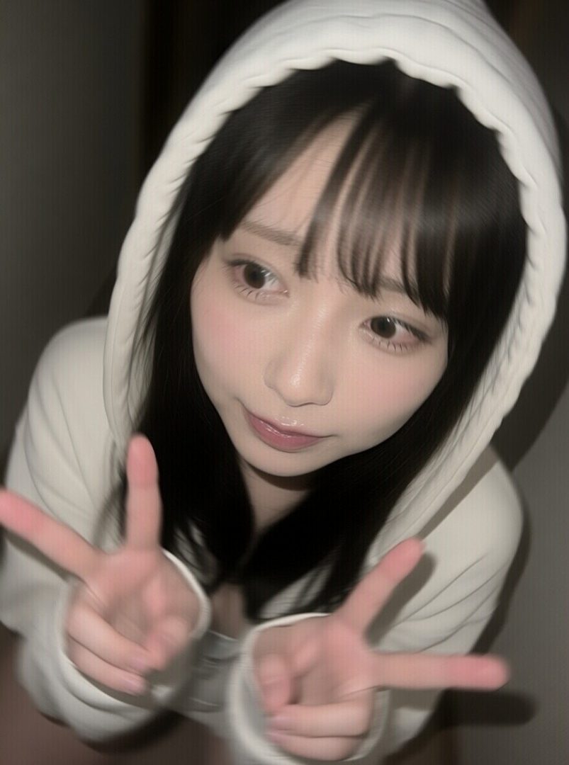 A young East Asian woman with black hair and bangs, wearing a white hoodie, makes a peace sign with her fingers.