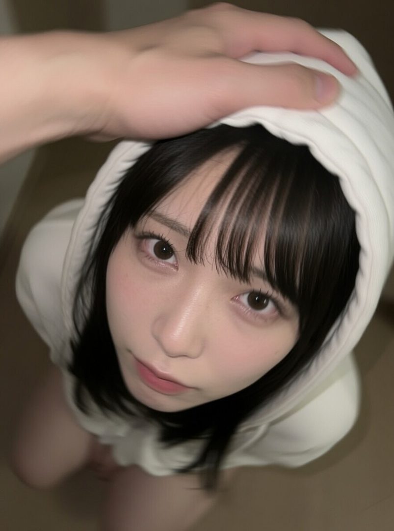 A young woman with black hair and bangs, wearing a white hoodie, looks up at the camera with a cute expression. A hand is gently patting her head.