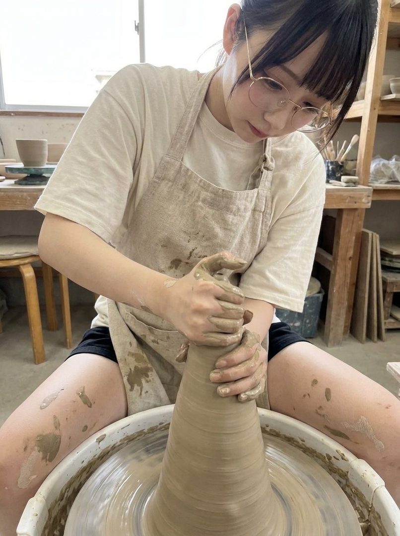 A young woman with glasses is focused on shaping clay on a pottery wheel in a studio.