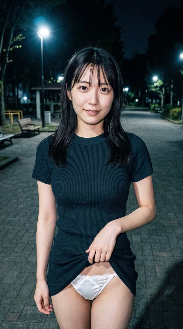 A young woman with long black hair smiles coyly at the camera, lifting her short black dress to reveal white lace underwear, standing on a paved path in a park at night.