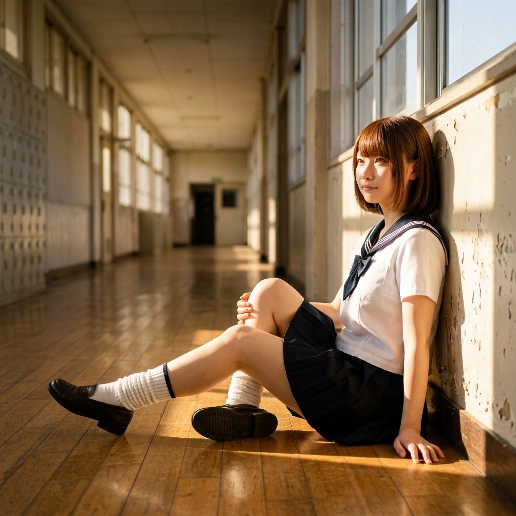 A young woman in a Japanese school uniform sits on the floor of a school hallway, bathed in sunlight.