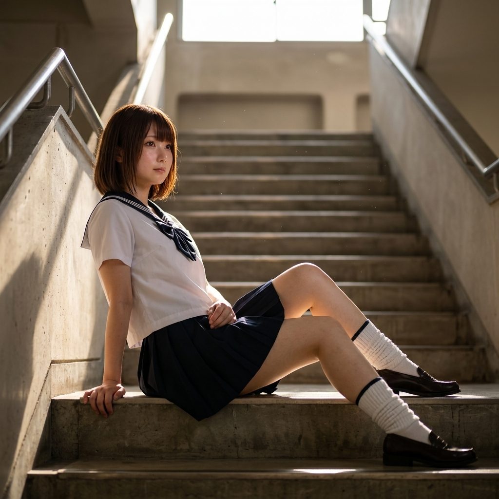 A young woman in a Japanese school uniform sits on outdoor stairs, looking to the side with a gentle expression.