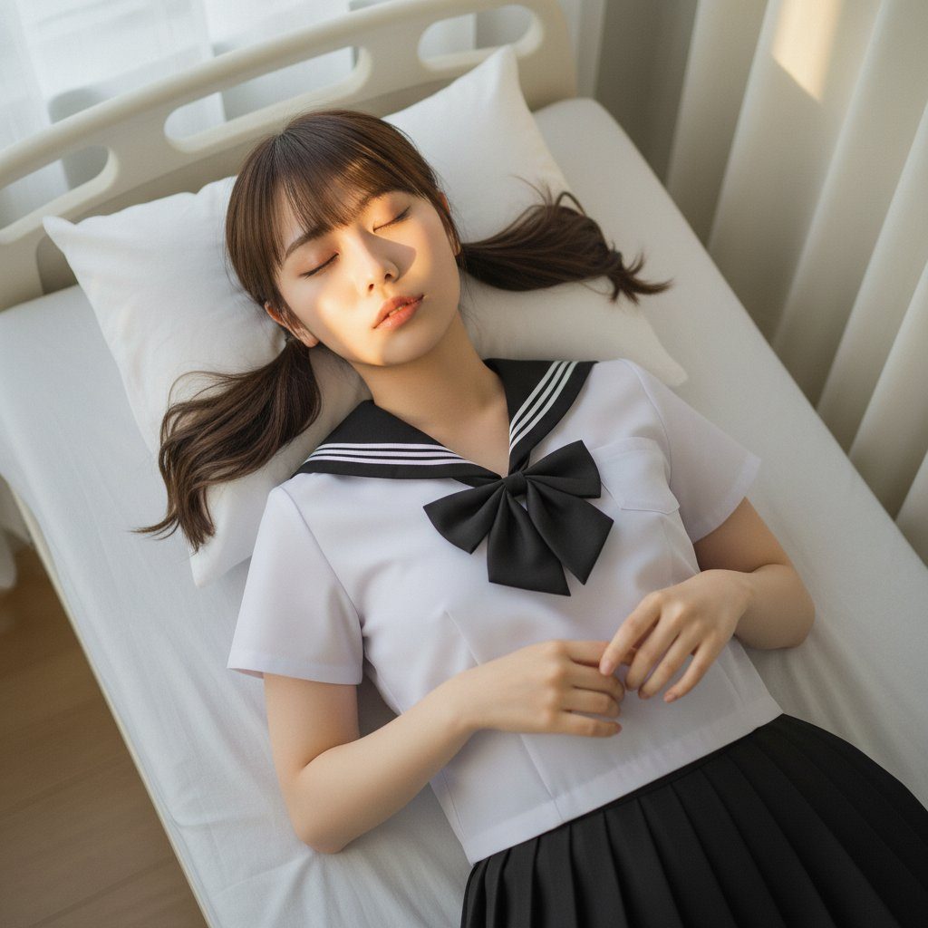 A young woman in a Japanese school uniform with pigtails lies on a bed with her eyes closed, bathed in sunlight.