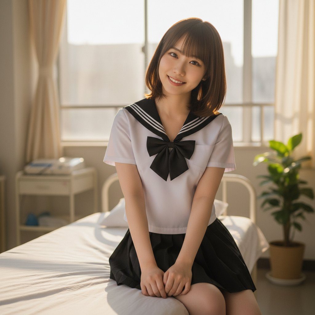A young woman in a Japanese school uniform smiles gently while sitting on a bed in a sunlit room.